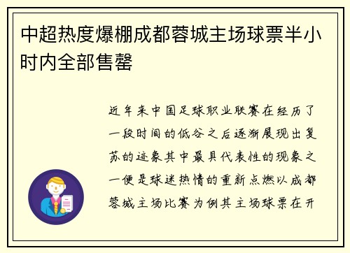 中超热度爆棚成都蓉城主场球票半小时内全部售罄 中超热度爆棚成都蓉城主场球票半小时内全部售罄
